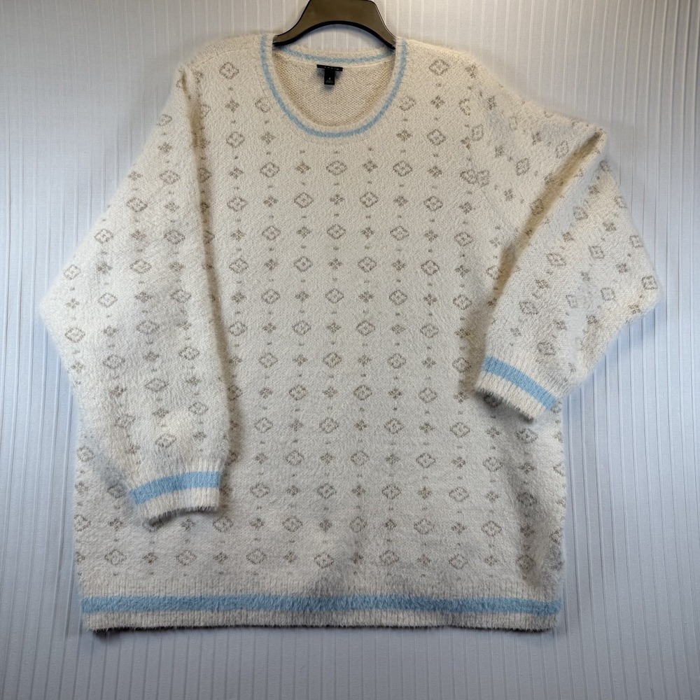 Torrid Ivory Blue Gold Fuzzy Baby Eyelash Knit Pullover Sweater Cozy Chic Size 4